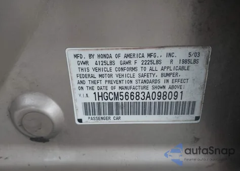 2003 Honda Accord 2.4 Ex z USA, uszkodzony, nr VIN 1HGCM56683A098091